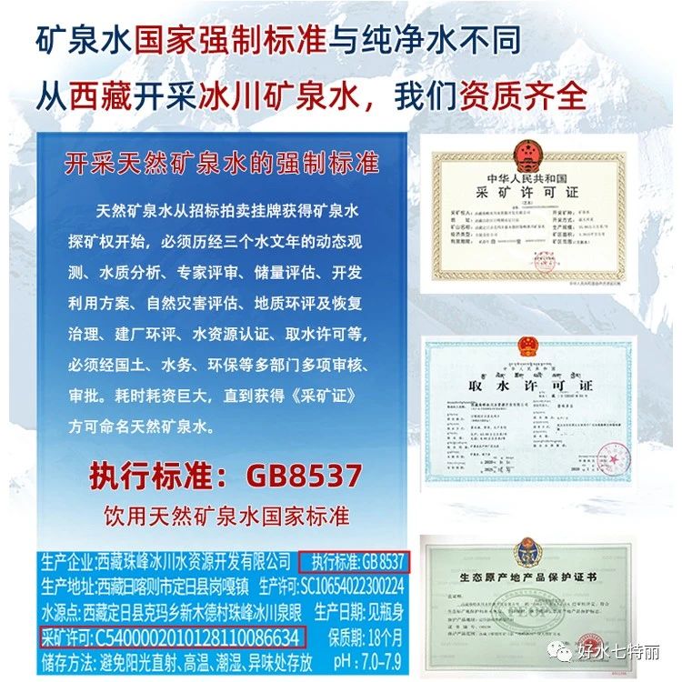 七特丽珠峰天然低氘自涌矿泉水证书